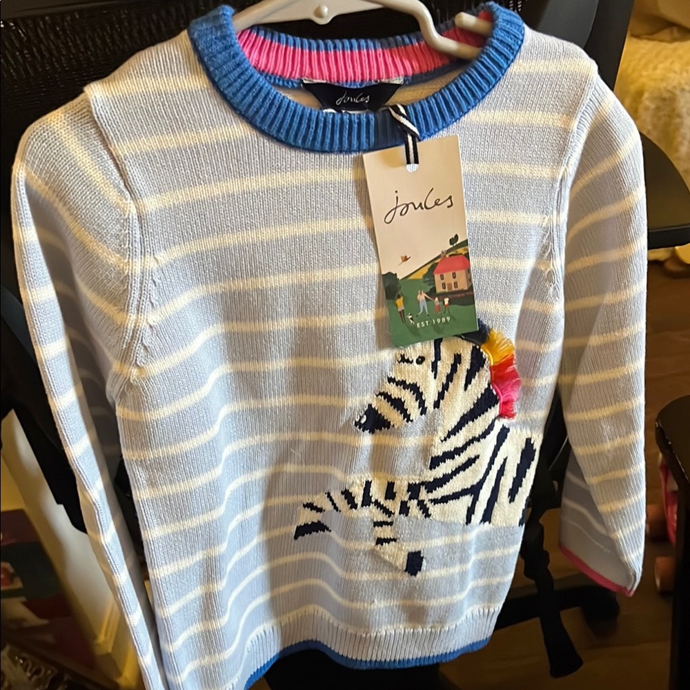 Joules Light Blue and White Striped Sweater with Zebra Motif